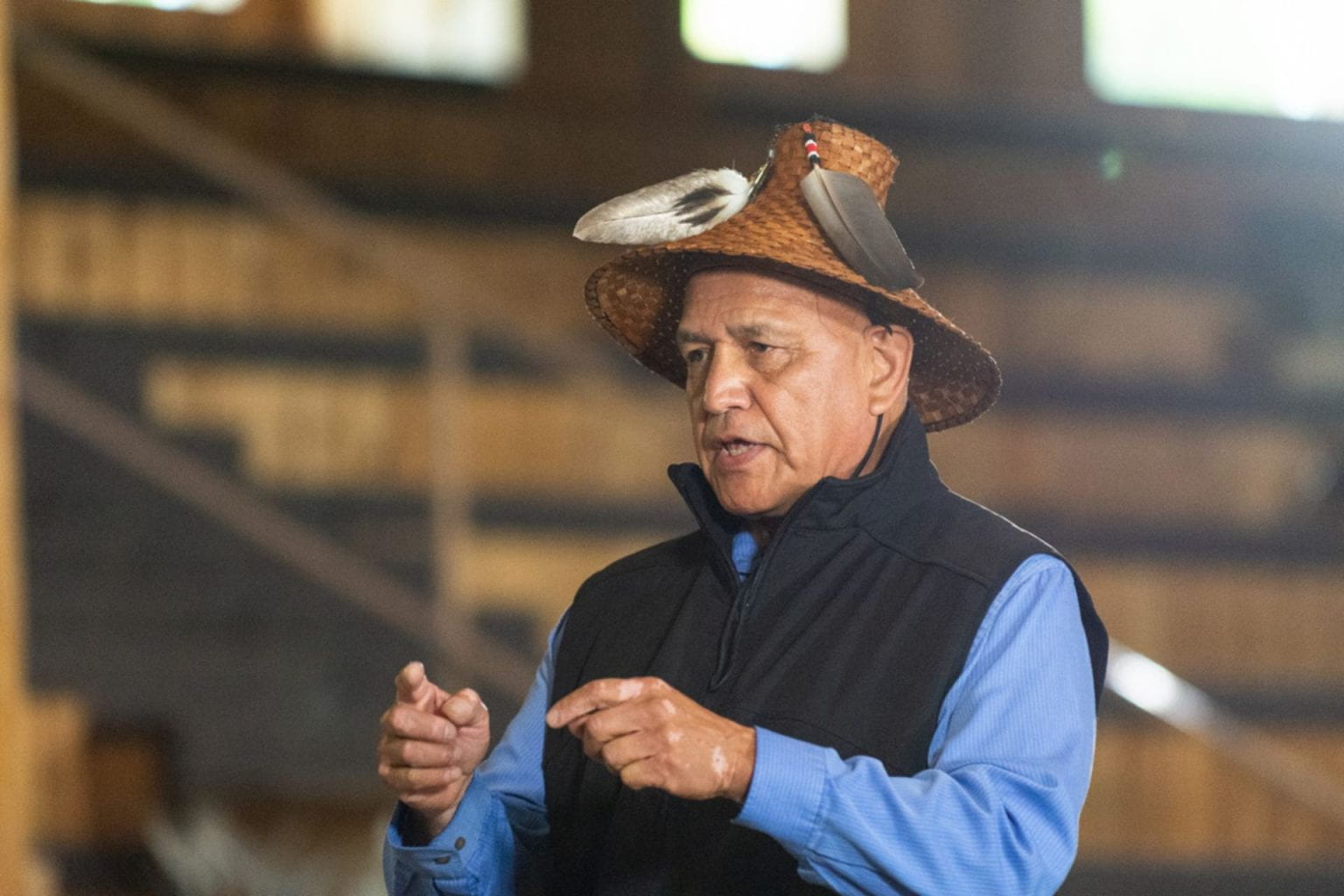 Darrell Hillaire wearing a traditional Lummi Hat