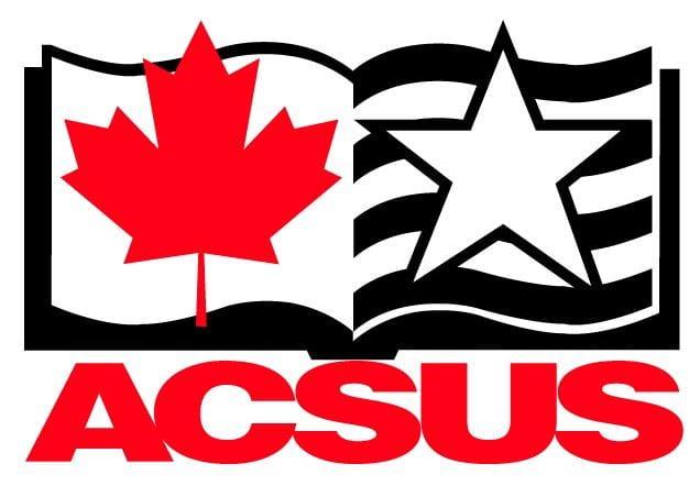 ACSUS Logo, an open book with maple leaf on the left and a star in front of stripes on the right